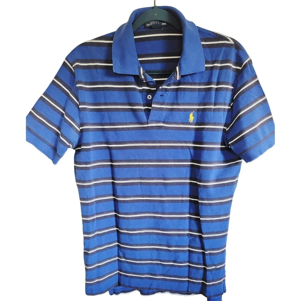Polo Ralph Lauren M Blue‎ Striped Polo SS Yellow Pony Vtg Classic Fit Casual